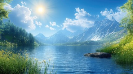 Wall Mural - a beautiful mountain lake with a bright sun shining on it. the sky is blue with a few clouds scatter