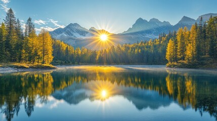 Wall Mural - A beautiful lake with a mountain in the background. The sun is shining on the water, creating a serene and peaceful atmosphere