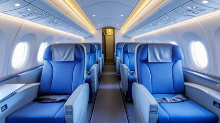 Empty blue seats inside an airplane cabin ready for passengers.