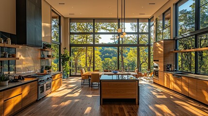 Wall Mural - Modern kitchen interior with large windows overlooking a forest view