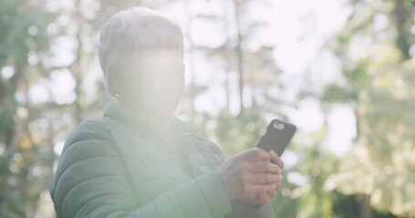 Canvas Print - Freedom, laughing and phone in the hands of a happy, carefree and senior woman while hiking for adventure, exploration and journey. Senior female reading and sending a text message while on a hike