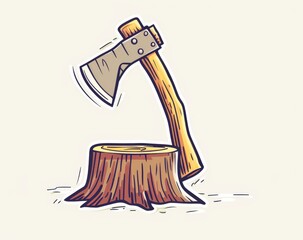 This is a continuous line drawing of an axe in its stump. It is a modern illustration with editable strokes.