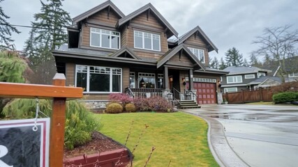 Poster - A beautifully designed family home is listed for sale, featuring a well-maintained exterior and landscaped yard under cloudy skies.