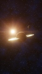 Wall Mural - approaching to a ringed planet in the middle of the cosmos. fantasy and science fiction scene. verti