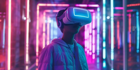 Poster - An individual immerses in a captivating virtual reality experience, surrounded by vibrant neon lights showcasing the allure of modern technology and its groundbreaking innovations