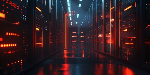 Poster - This cuttingedge, hightech data center showcases beautifully illuminated server racks and a sleek, modern atmosphere