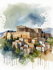 Wall Mural - Athens city Greece watercolor art