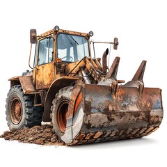 Front loader bucket of a crawler loader, raised and isolated on a white background, photo of crawler loader isolated white background, loader detail