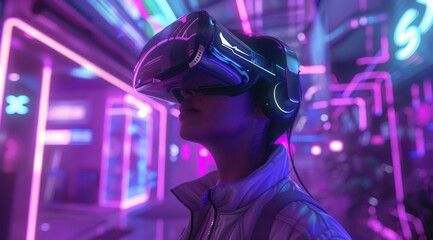 Poster - A person immersed in a captivating virtual reality experience with advanced technology and a vibrant neon backdrop, embodying the essence of modern gaming culture and the progress in entertainment