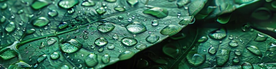 Wall Mural - Close-up of water droplets resting on a vibrant green leaf