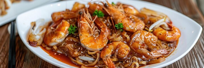 Sticker - Wide rice noodles with seafood in a savory gravy on a white plate