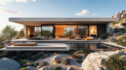 Wall Mural - Modern luxury house with large glass windows and desert landscape