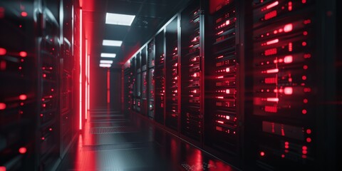 Poster - A sleek and modern data center showcases illuminated servers along with a striking and vibrant red aesthetic