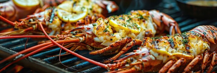 Canvas Print - Grilled Lobster Halves Served with Lemon Wedges and Garlic Butter