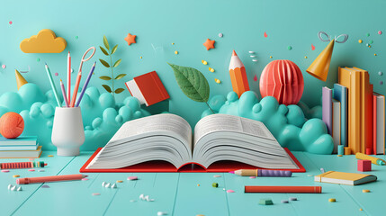 Sticker - 3D flat icon of an open book surrounded by school supplies, symbolizing the excitement of back to school. Ample space for text or graphics on a whimsical background. Isolated on a white background.