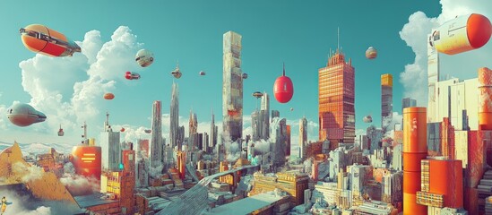 Poster - Futuristic Cityscape with Floating Structures and Clouds