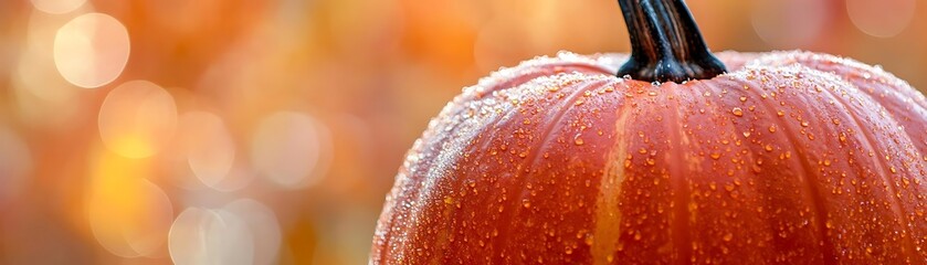 Close Up Photo of a Dewy Pumpkin with a Blurred Bokeh Background