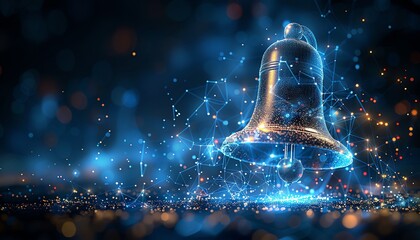 Poster - digital bell with a futuristic design on a blue dynamic background with light particles, symbolizing