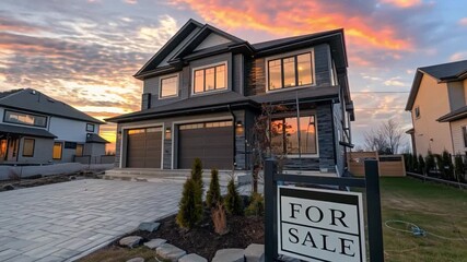 Poster - A contemporary home with large windows and a stone facade listed for sale, illuminated by a vibrant sunset in a suburban setting.