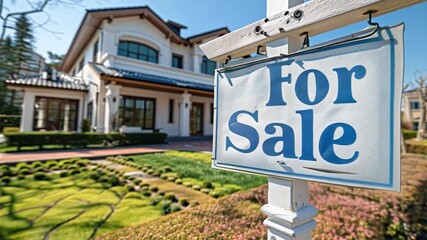 Poster - A beautiful house with large windows and manicured lawns displays a prominent sign indicating it is for sale under clear blue skies.