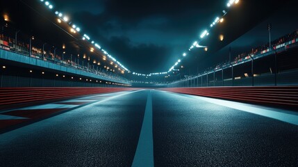 Poster - Nighttime racetrack under floodlights, with empty lanes glowing in the artificial light. Ready for action.