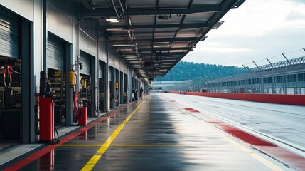 Pit lane with empty garages and equipment ready for the next race, a scene of anticipation and preparation.