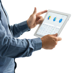 Business professional using a tablet to analyze data charts and statistics, illustrating technology and modern business analysis.