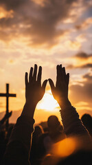 Wall Mural - Hands raised in worship in front of a cross at sunset