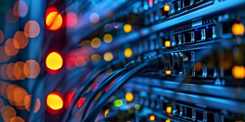 Poster - A detailed closeup shot showcasing network cables and vibrant lights illuminating the interior of a modern data center