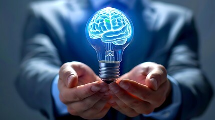 Businessman holding a glowing light bulb with brain inside on dark background