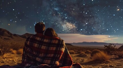 Poster - Picture a couple stargazing in the desert, wrapped in a blanket, the night sky filled with countless stars, creating a magical and romantic atmosphere.