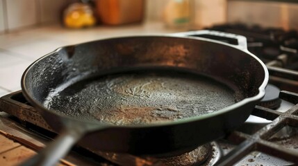 Wall Mural - Seasoning a cast iron skillet to create a non-stick surface for cooking.