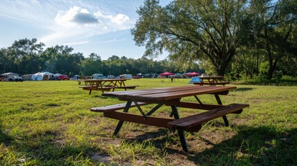 Poster - Setting up a picnic table at a music festival campground, bustling with energy and excitement.