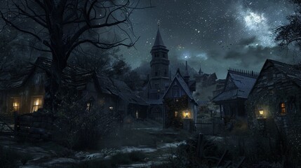 Sticker - Show a cursed village with abandoned houses, flickering lanterns, and an eerie silence, under a dark, starry sky.