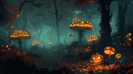 Poster - Show a Halloween background with a dark, enchanted forest filled with glowing mushrooms and mysterious creatures.