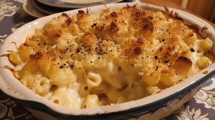 Wall Mural - Tasting the comfort of homemade macaroni and cheese, baked until bubbly and golden brown.