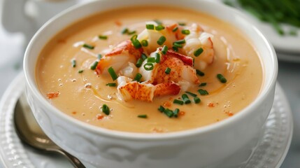 Wall Mural - Tasting the creamy goodness of lobster bisque, garnished with a drizzle of sherry and fresh chives.