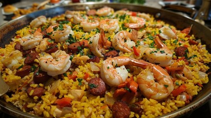 Poster - Tasting the savory goodness of paella, with saffron-infused rice, shrimp, chicken, and chorizo.