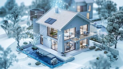 Wall Mural - Write about the role of artificial intelligence (AI) in optimizing energy management in a 3D-rendered house.