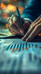 Sticker - Finance manager analyzing spreadsheet with calculator on dreamy background, ideal for financial management concepts. Available in stock photos.