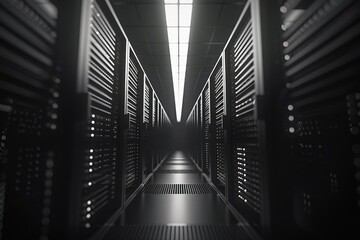 Poster - A dimly lit modern data center displaying an extensive array of server racks and cuttingedge technology throughout