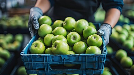 Wall Mural - A person is holding a blue crate full of green apples. The apples are shiny and fresh, and the crate is filled to the brim. Concept of abundance and abundance of healthy food