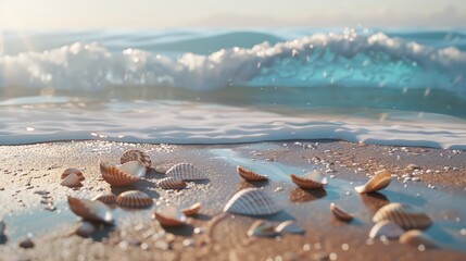 Wall Mural - A serene coastline with gentle waves and seashells scattered along the shore.