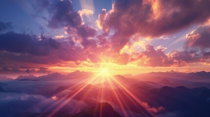 Wall Mural - Dramatic sunset sky with scattered clouds, illuminating mountain range below with mystical light beams.