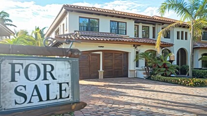 Poster - A charming luxury house features a prominent for sale sign in a vibrant neighborhood, surrounded by lush greenery and bright blue skies.