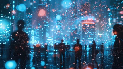 Wall Mural - Network of interconnected figures and points, illustrated as holograms against a futuristic cityscape.