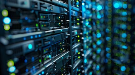 Poster - A detailed closeup view of modern data servers featuring illuminated indicators within a server room environment