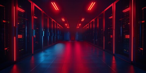 Poster - A modern data center illuminated with red and blue lights, showcasing technology and infrastructure.