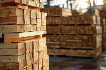 A stack of wood is piled high in a warehouse. The wood is stacked in a way that it looks like it is ready to be used for construction. Scene is one of anticipation and preparation for a project