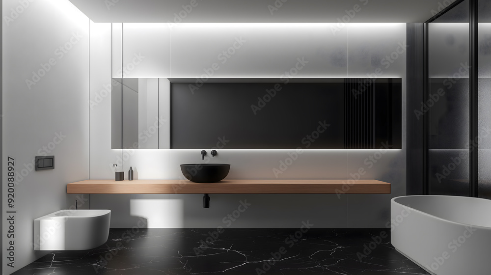 Minimalist bathroom design with a floating vanity and modern fixtures ...